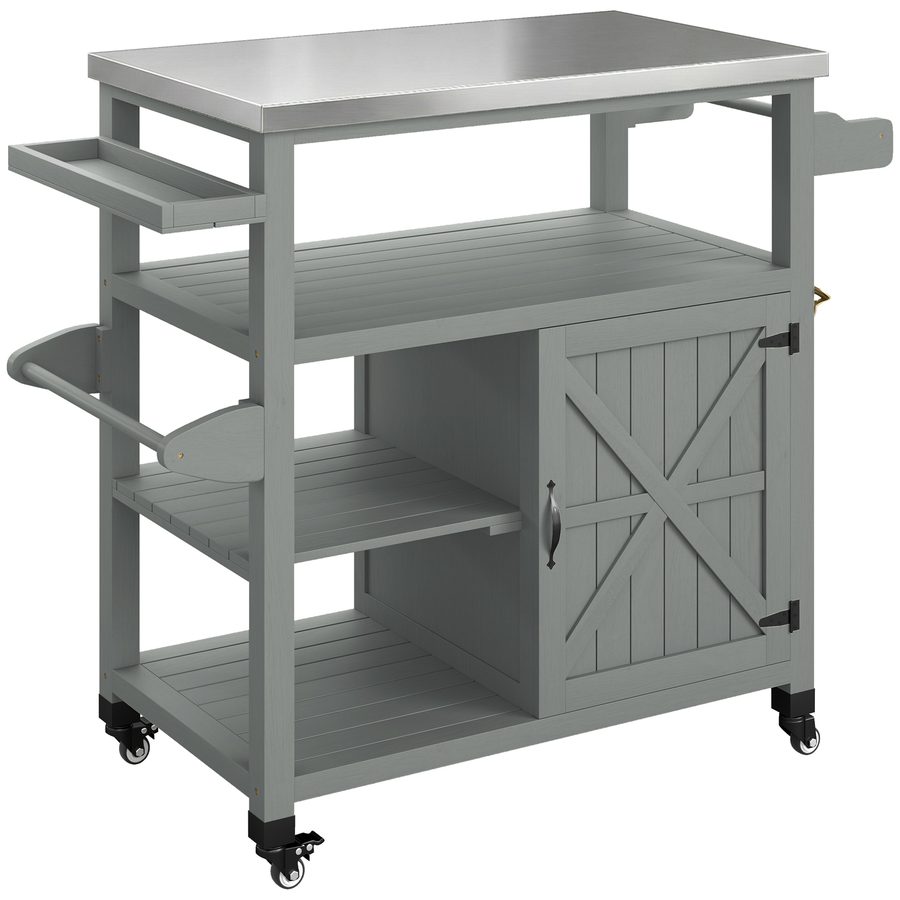 Outsunny Garten-Servierwagen Grillwagen auf Rollen Kücheninsel aus Holz mit Edelstahlplatte Schrank offene Regale Gewürzhalter Serviettenhalter Flaschenöffner 107x49,5x92,5cm grau   Aosom von Outsunny