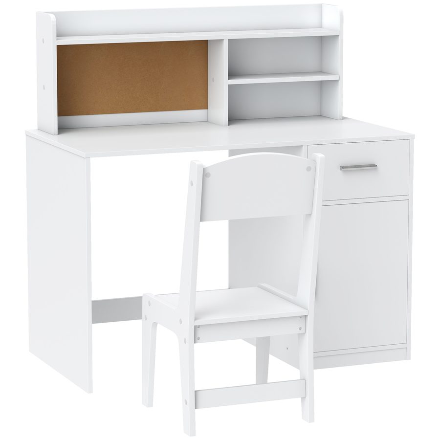 AIYAPLAY Set Schreibtisch und Stuhl für Kinder mit Regalen, Schrank, Schublade und Pinnwand, Tisch- und Stuhl-Set für Kinder 3-12 Jahre, Holzschreibtisch für Kinderzimmer, Lernraum, Weiß   Aosom von AIYAPLAY