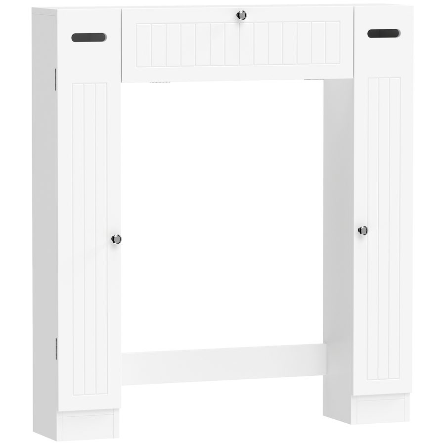 HOMCOM Hängeschrank über Toilette, Schrank über WC, Badmöbel mit 2 Seitenschränken, Klappschublade, Toilettenpapierhalter, Verstellbare Regale, für Waschräume, Kleine Räume, 88x18x98 cm, Weiß   Aosom von HOMCOM