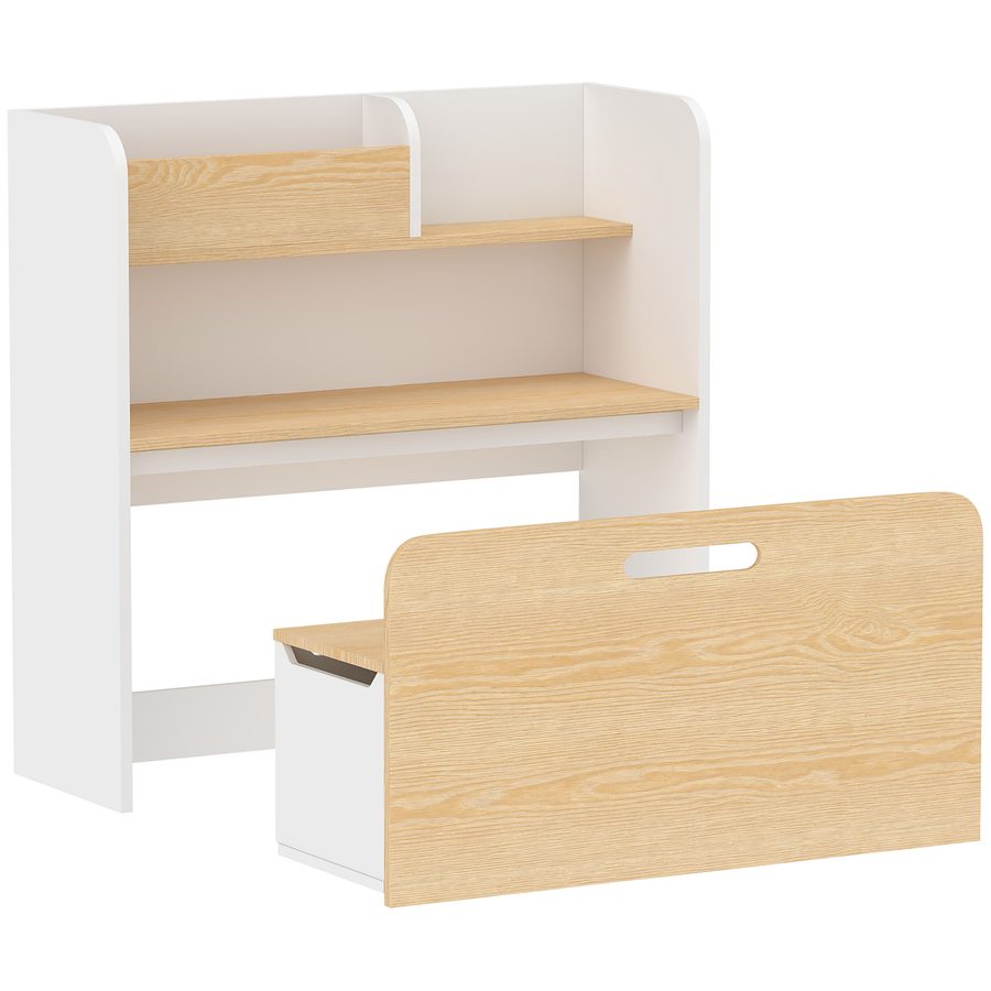AIYAPLAY Kindertisch mit Sitzbank 5-in-1 Kindersitzgruppe mit Bücherregal, rollbar Kindertruhenbank Aufbewahrungsbox, Platzsparend Kinder Tisch Stuhl Set Kindermöbel für Kinderzimmer, für 3-8 Weiß   Aosom von AIYAPLAY