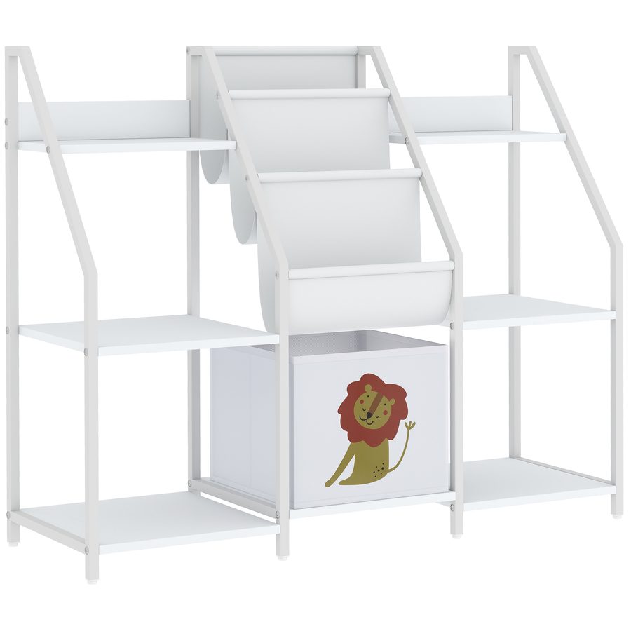 AIYAPLAY Montessori-Bücherregal für Kinder 3-8 Jahre, Bücherhalter mit 3 Stofffächern, gestufte Ablagen und Schublade mit Löwen-Print, 93x30x76 cm, Weiß   Aosom von AIYAPLAY