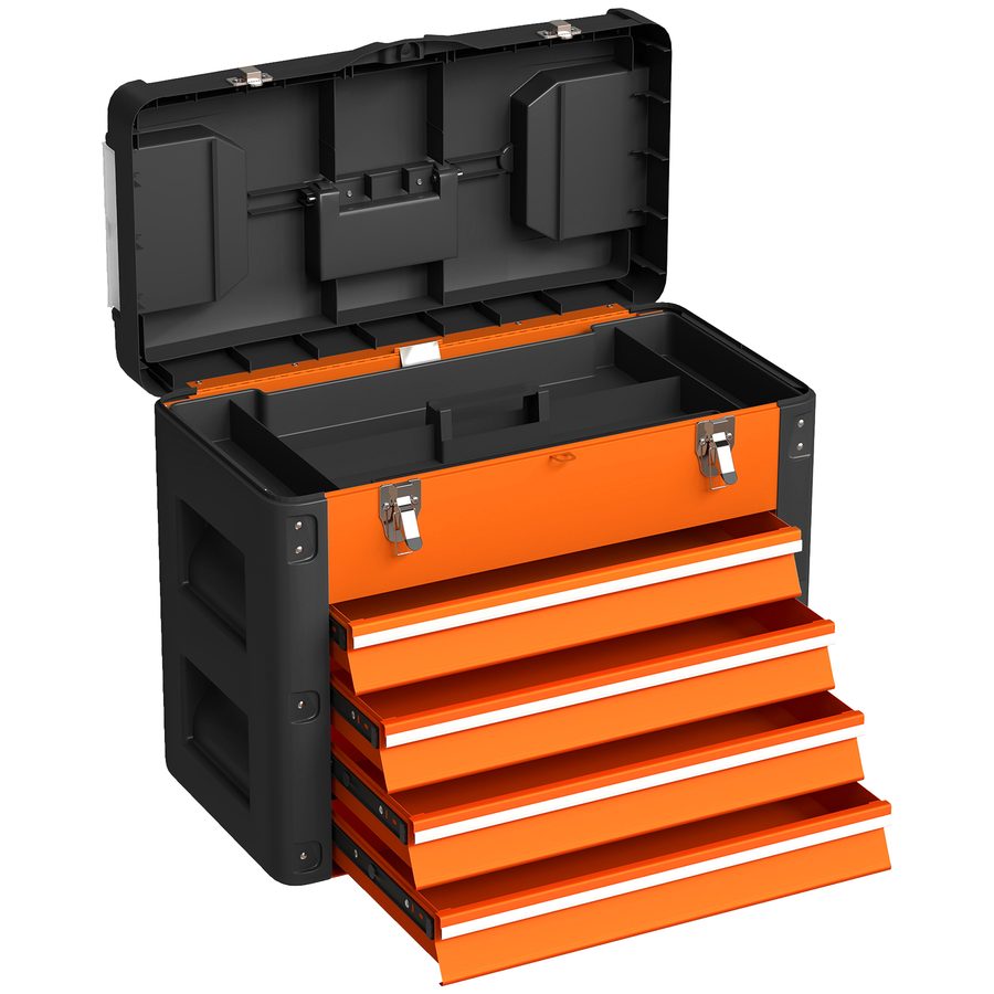HOMCOM Werkzeugkiste leer, 49,7 x 25,3 x 40,7 cm Werkzeugkasten mit 4 Schubladen, Mini-Box, oberes Staufach, Handgriff, Werkzeugkoffer aus Stahl, Orange   Aosom von HOMCOM