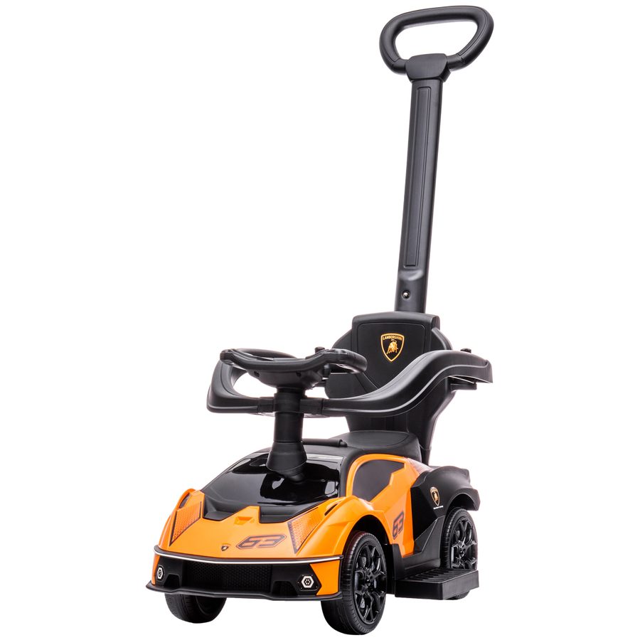 AIYAPLAY Lamborghini Kinderfahrzeug 2 in 1 mit Schiebegriff und Sicherheitsgitter, Lenkrad und Hupe, Kinderauto aus PP und Metall, 86,5x40x89,5 cm, Orange und Schwarz   Aosom von AIYAPLAY
