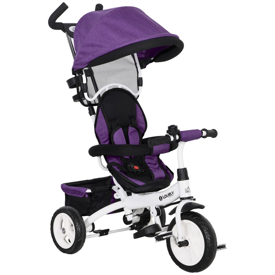 HOMCOM 6-in-1 Dreirad mit Schubstange, Kinderdreirad mit abnehmbarem Sonnendach, Laufrad mit 5-Punkt-Sicherheitsgurt, Korb, Getränkehalter, für 1-5 Jahre Kinder, Violett   Aosom von HOMCOM