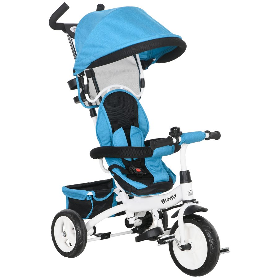 HOMCOM 6-in-1 Dreirad mit Schubstange, Kinderdreirad mit abnehmbarem Sonnendach, Laufrad mit 5-Punkt-Sicherheitsgurt, Korb, Getränkehalter, für 1-5 Jahre Kinder, Blau   Aosom von HOMCOM