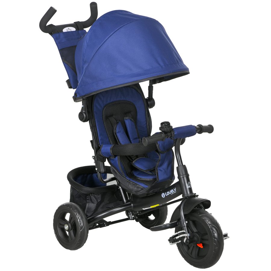 HOMCOM 6-in-1 Dreirad mit Schubstange, Kinderdreirad mit abnehmbarem Sonnendach, Kissen, Laufrad mit 5-Punkt-Sicherheitsgurt, Korb, Becherhalter, für 1-5 Jahre Kinder, Dunkelblau   Aosom von HOMCOM