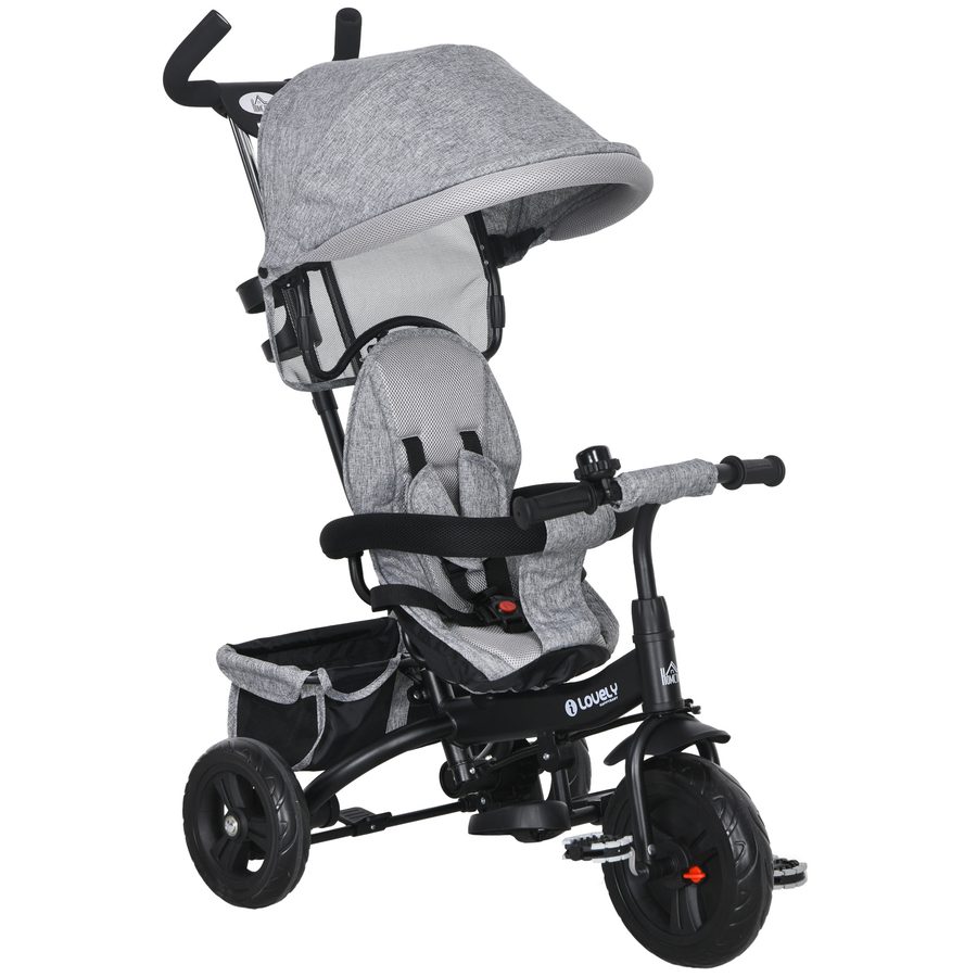 HOMCOM 6in1 Dreirad mit Schubstange abnehmbar, Sonnendach 5-Punkt Gurt, Korb & Getränkehalter für Kinder 1-5 Jahre Grau   Aosom.de von HOMCOM