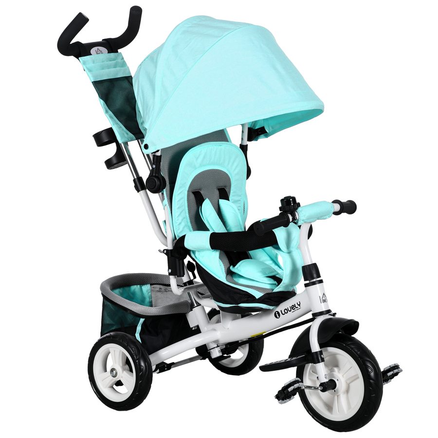HOMCOM 6-in-1 Dreirad mit Schubstange, Kinderdreirad mit abnehmbarem Sonnendach, Kissen, Laufrad mit 5-Punkt-Sicherheitsgurt, Korb, Becherhalter, für 1-5 Jahre Kinder, Grün   Aosom von HOMCOM