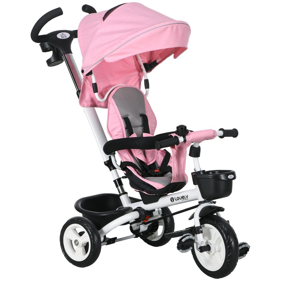 HOMCOM 2in1 Dreirad Schubstange Kinderdreirad Sicherheitsgurt faltbar Sonnendach Getränkehalter Korb Pedal 1-5 Jahre Rosa   Aosom von HOMCOM