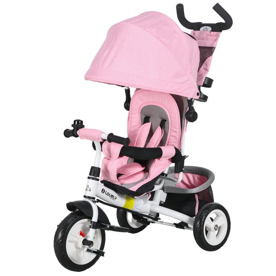 HOMCOM 6 in 1 Kinderdreirad 1-5 Jahre mit Lenker, verstellbarem Verdeck, Gurt und Korb, Kinderwagen-Dreirad aus Metall und Polyester, 102x49x102 cm, Weiß und Rosa   Aosom von HOMCOM