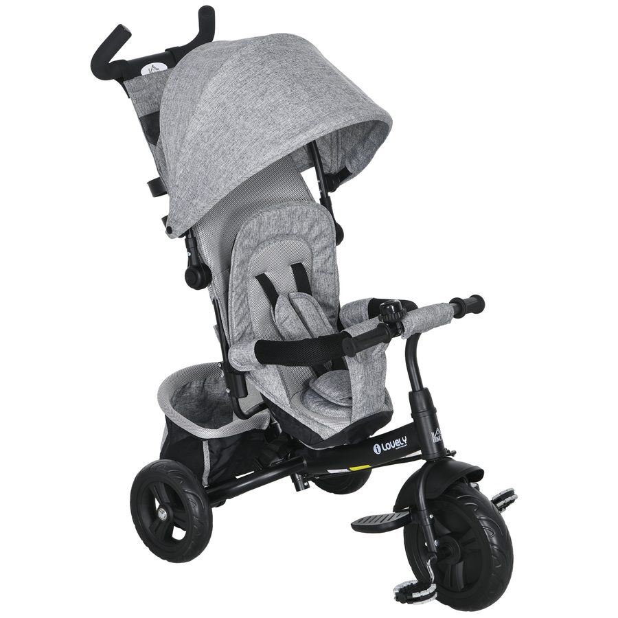 HOMCOM 6-in-1 Dreirad mit Schubstange, Kinderdreirad mit abnehmbarem Sonnendach, Kissen, Laufrad mit 5-Punkt-Sicherheitsgurt, Korb, Becherhalter, für 1-5 Jahre Kinder, Grau   Aosom von HOMCOM