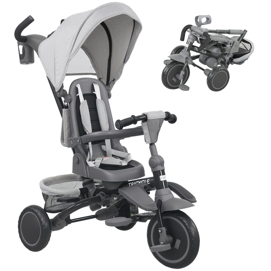 AIYAPLAY Dreirad 6in1 mit Schubstange für 1-5 Jahre Faltbar Kinderdreirad mit drehbarem Sitz, Korb, Tasche, Getränkehalter, klappbar Sonnendach, Sicherheitsgurt Grau   Aosom von AIYAPLAY