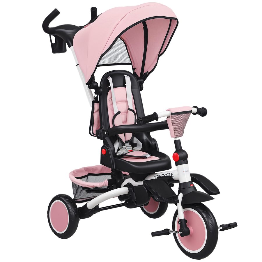 AIYAPLAY Dreirad 6in1 mit Schubstange für 1-5 Jahre Faltbar Kinderdreirad mit drehbarem Sitz, Korb, Tasche, Getränkehalter, klappbar Sonnendach, Sicherheitsgurt Rosa   Aosom von AIYAPLAY