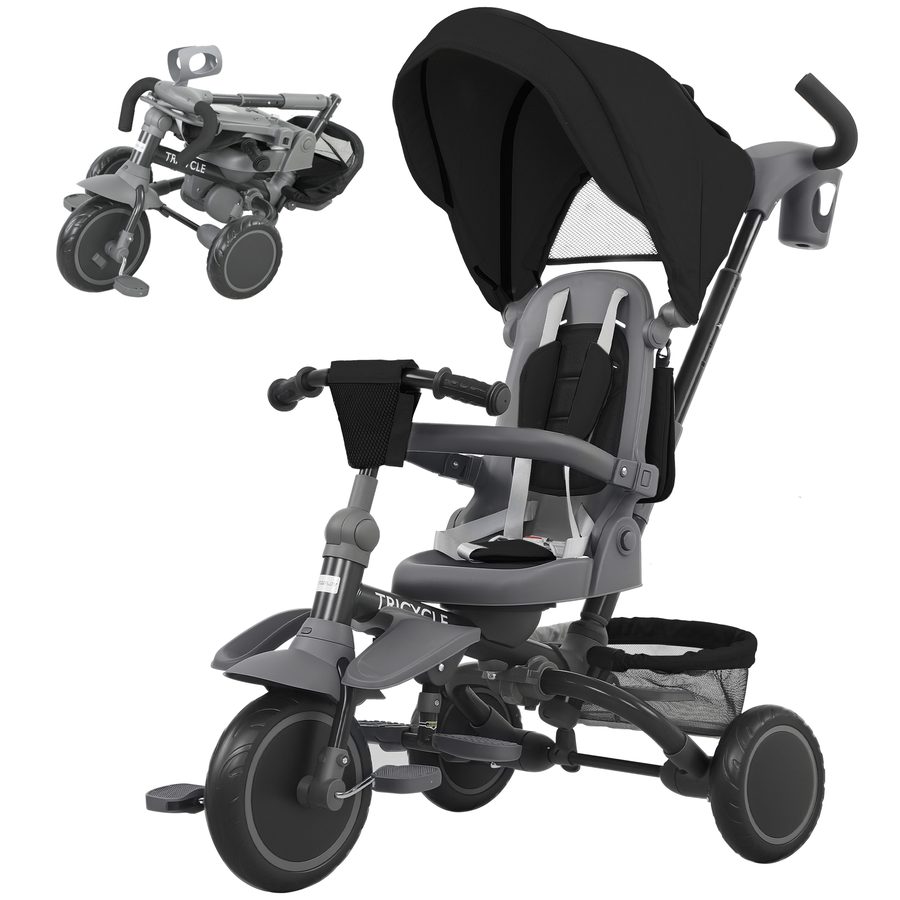 AIYAPLAY 6 in 1 Kinderdreirad Kinderwagen Fahrrad für Kinder 1-5 Jahre bis 25 kg, Klappbares Dreirad mit drehbarem Sitz Front gegen Mutter oder Straße, Verdeck, Schiebegriff, Tasche, Räder und 5-Punkt-Gurt, Schwarz   Aosom von AIYAPLAY