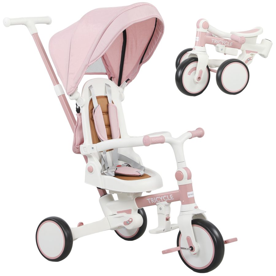 AIYAPLAY Dreirad 5-in-1 mit Schubstange für 1-3 Jahre Faltbar Kinderdreirad mit reversiblem Sitz, Fußstütze, ausziehbar Sonnendach, Aufbewahrungstasche, Sicherheitsgurt Rosa   Aosom von AIYAPLAY