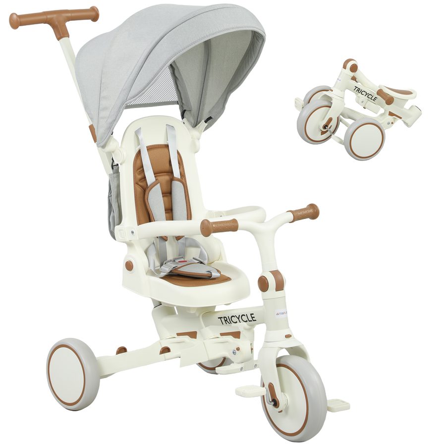 AIYAPLAY Dreirad 5-in-1 mit Schubstange für 1-3 Jahre Faltbar Kinderdreirad mit reversiblem Sitz, Fußstütze, ausziehbar Sonnendach, Aufbewahrungstasche, Sicherheitsgurt Cremeweiß   Aosom von AIYAPLAY