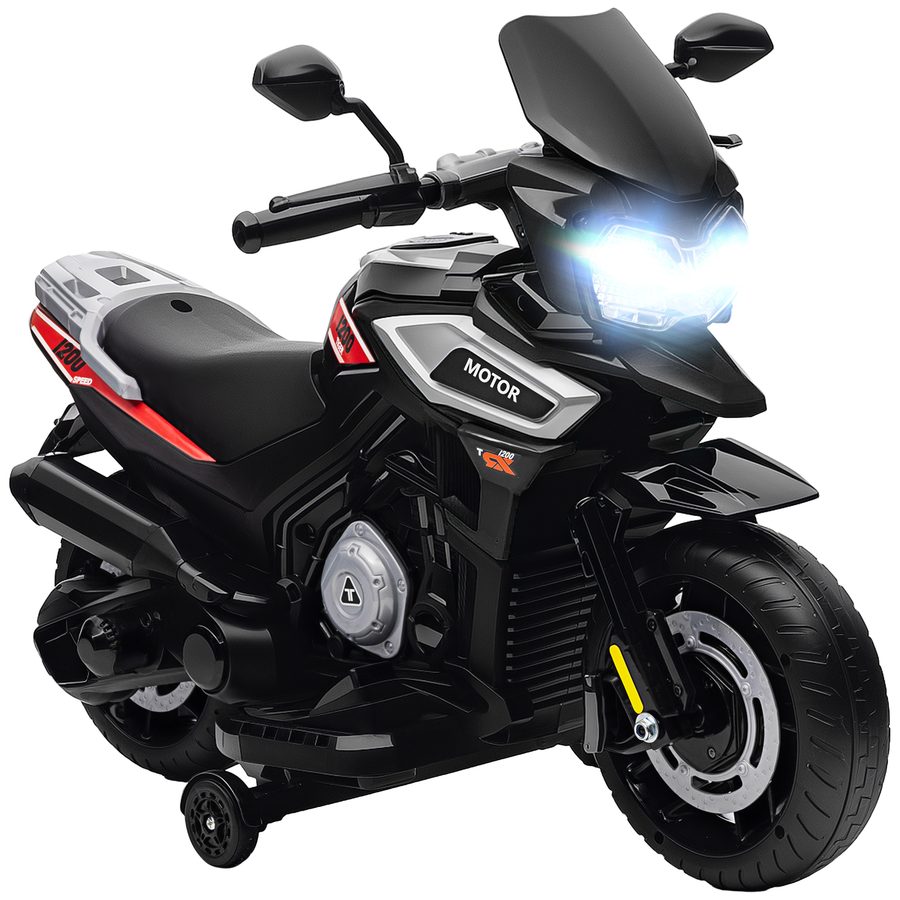 AIYAPLAY Elektro Motorrad Kinder 6V Elektromotorrad Kindermotorrad mit 2 Hilfsrädern, Beleuchtung, Musik, Soft-Start, bis zu 2,4 km/h für Kinder von 1,5-3 Jahren Schwarz   Aosom