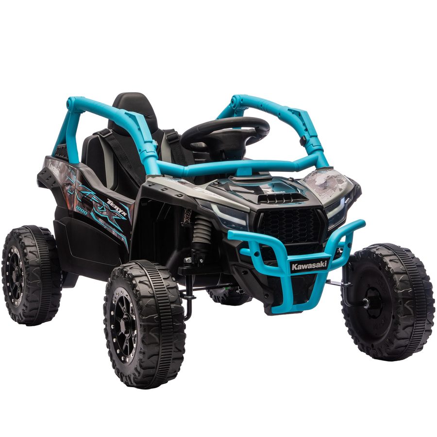 AIYAPLAY Kinder Elektroauto 12V KAWASAKI Kinderauto UTV mit 2 Motorn, 2,4 GHz Fernbedienung, Elektrofahrzeug mit Federungssystem, LED-Leuchten, Musik, Hupe für 3-8 Jahre, Blau   Aosom von AIYAPLAY