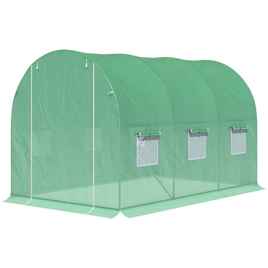 Outsunny Gewächshaus Tunnel Gartenfläche 6 m² 3L x 2B x 2H m Verstärkter Rohrrahmen Reißverschlusstür 6 aufrollbare Fenster Grün   Aosom von Outsunny