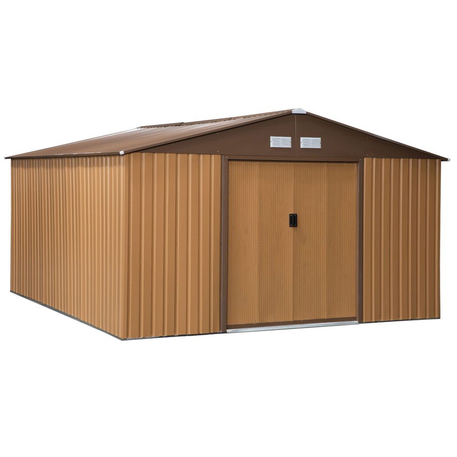 Outsunny Gerätehaus kaufen, 340 x 386 x 200 cm, mit Bodenplatte, Geräteschuppen, Gartenhaus, Garten Schuppen, Metall, Braun   Aosom von Outsunny
