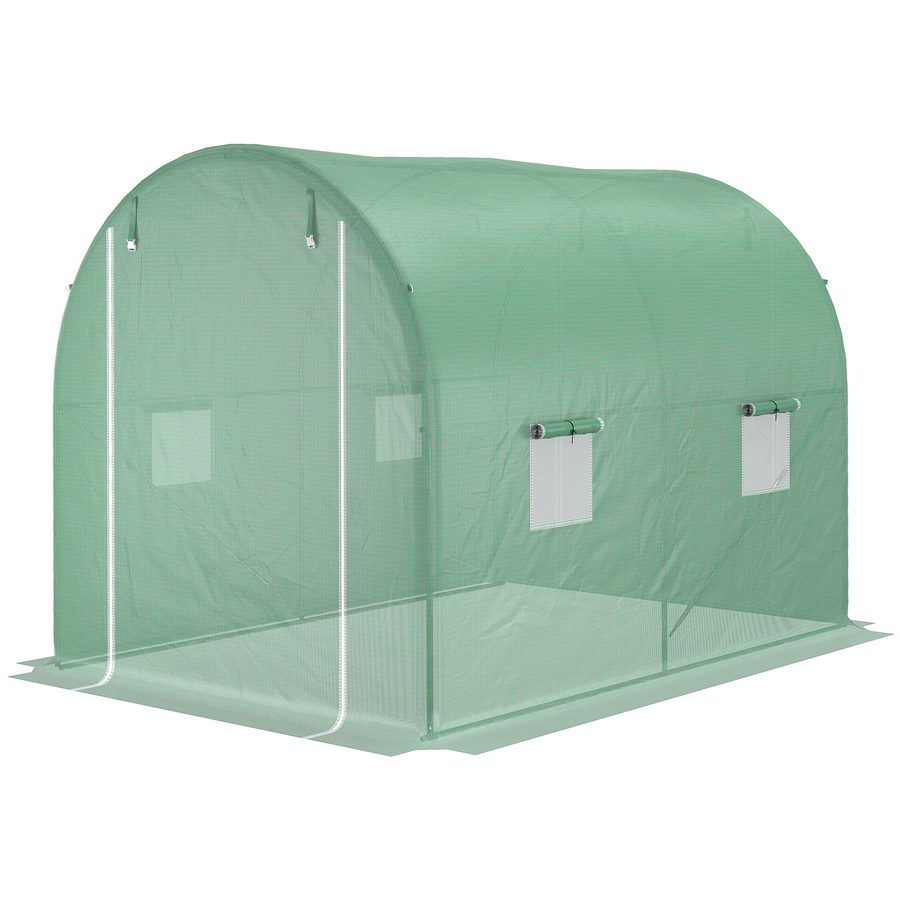 Outsunny Gewächshaus im Tunnelstil Bodenfläche 6 m² 3L x 2B x 2,10H m verstärktes Stahlrohrgestell Reißverschlusstür 4 aufrollbare Fenster Grün   Aosom von Outsunny