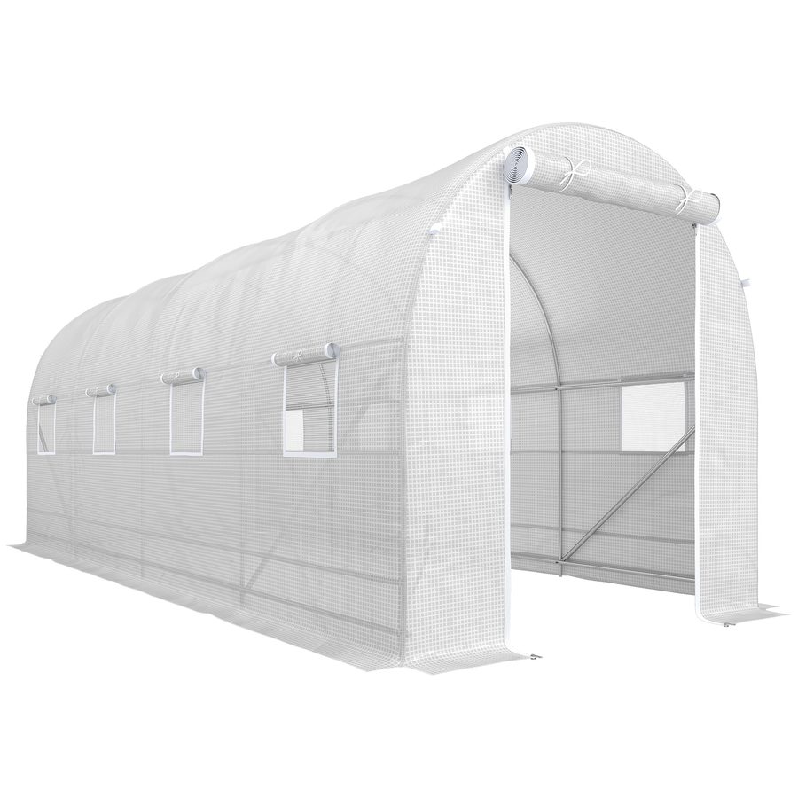 Outsunny Tunnelgewächshaus 5x2x2 m mit aufrollbaren Türen und Fenstern, Gewächshaus für Gemüsebeet mit 5 diagonalen Verstrebungen, Metallrahmen und PE-Abdeckung, für Gemüse, Obst, Blumen, Weiß   Aosom von Outsunny