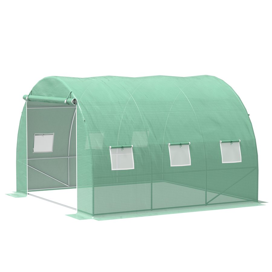Outsunny Garten-Gewächshaus 9 m², Garten-Tunnelgewächshaus 3 x 3 x 2 m mit aufrollbarer Tür und 6 Gitterfenstern, Gewächshaus aus Stahl und hochdichtem PE, UV-beständig, Grün   Aosom von Outsunny
