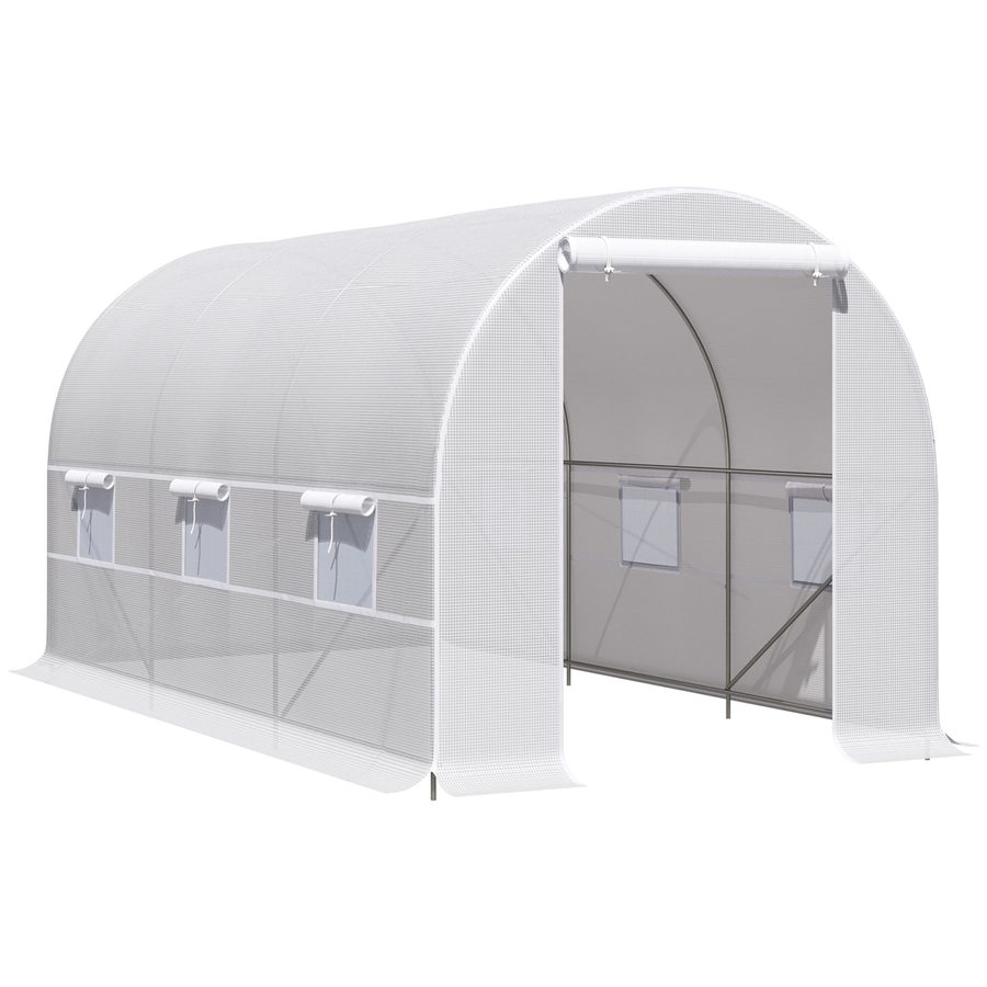 Outsunny Tunnel-Gewächshaus 8m², Tunnel-Gewächshaus 400 x 200 x 200 cm mit Tür und 6 Fenstern, für draußen, ganzjährig, Gemüse, Obst, Blumen, PE-Abdeckung hohe Dichte 140 g/m² weiß   Aosom von Outsunny