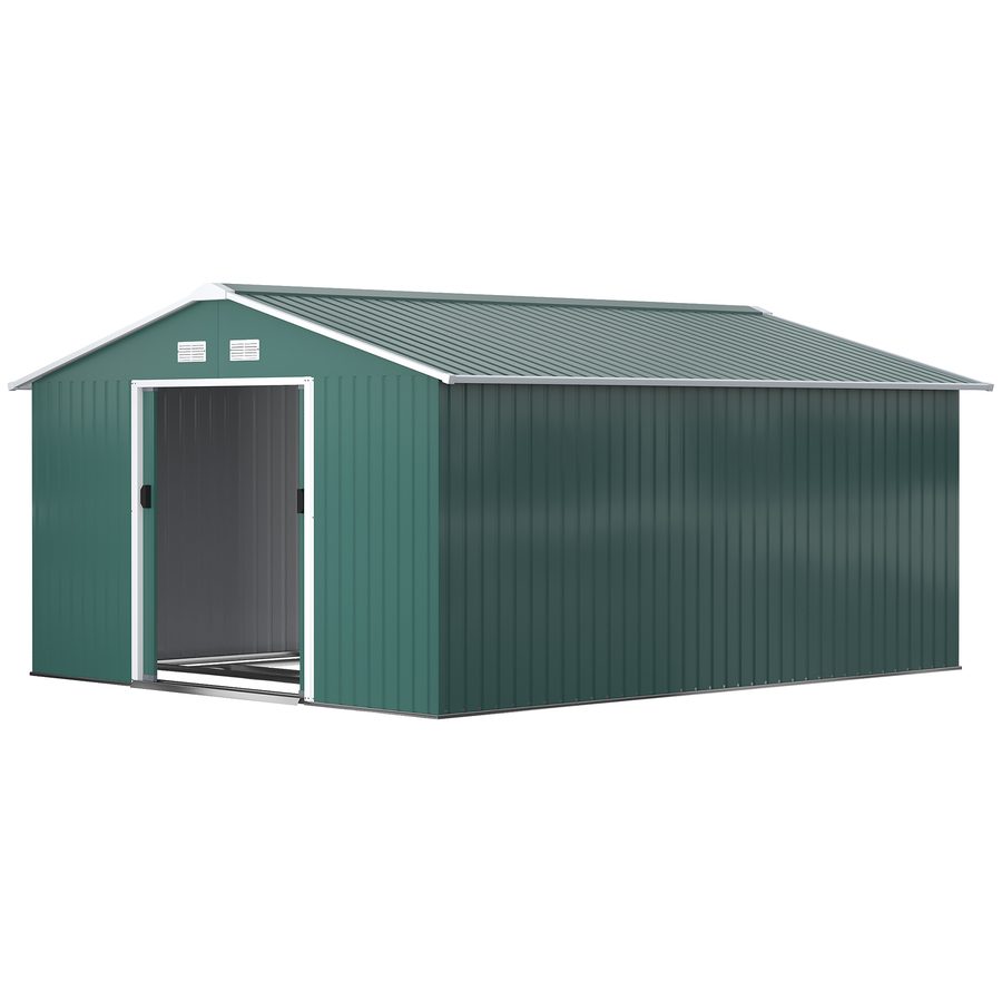 Outsunny Gerätehaus 12,4 m², Gartenhaus mit Pultdach, Schiebetür, Fundament, 340 x 386 x 200 cm, Geräteschuppen aus Verzinkter Stahl, wetterfest, für Garten, Dunkelgrün   Aosom von Outsunny