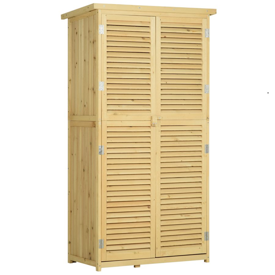 Outsunny Geräteschuppen Holz Gerätehaus mit Asphaltdach und Lamellentür, 4 Fächer, Natur, kompakt 87x46,5x160cm für Garten & Aufbewahrung   Aosom.de von Outsunny