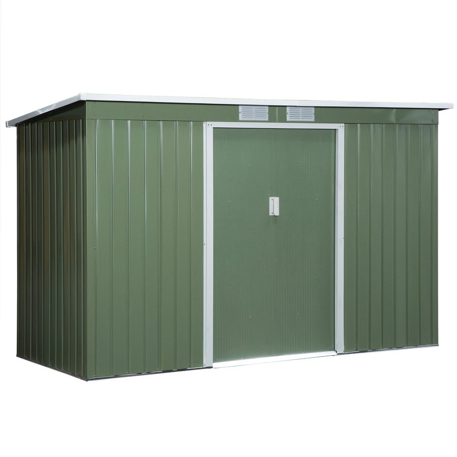 Outsunny Gerätehaus, Gartenhaus, Geräteschuppen mit Schiebetür, Lüftungsfenster, Pultdach, Outdoor, Stahl, Hellgrün, 280 x 130 x 172 cm   Aosom von Outsunny