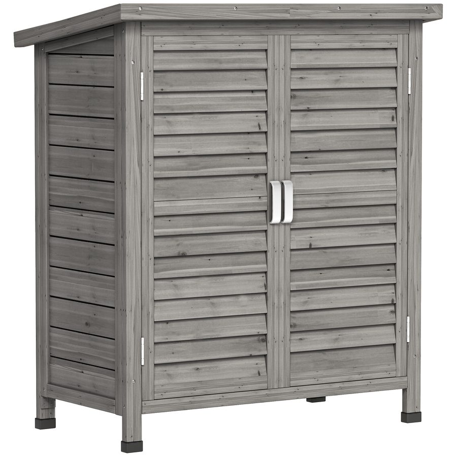 Outsunny Gartenschrank Holz Gerätehaus Geräteschuppen 87 x 46,5 x 96,5 cm mit Pultdach und Lamellentüren in Grau, wetterfest mit Bitumenpappe   Aosom.de von Outsunny