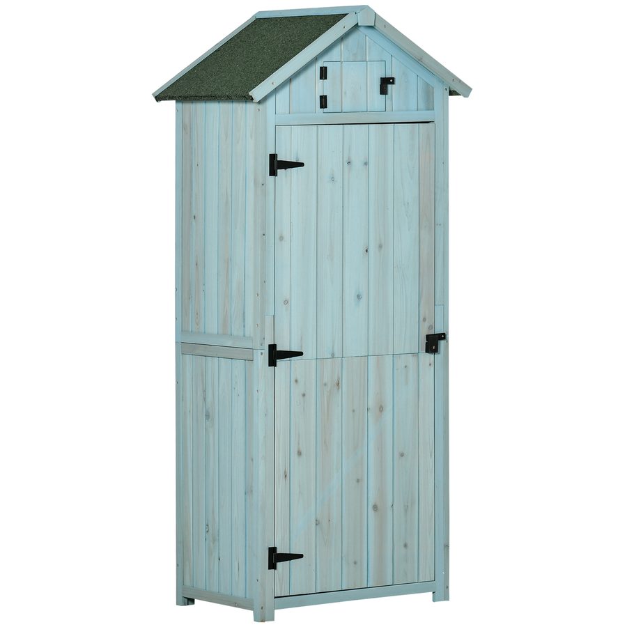 Outsunny Gartenschrank Gerätehaus mit Fachböden und Fenstern, 77 x 54,2 x 179 cm, Holz in Hellblau und Grün, Asphaltdach für Garten & Terrasse   Aosom.de von Outsunny