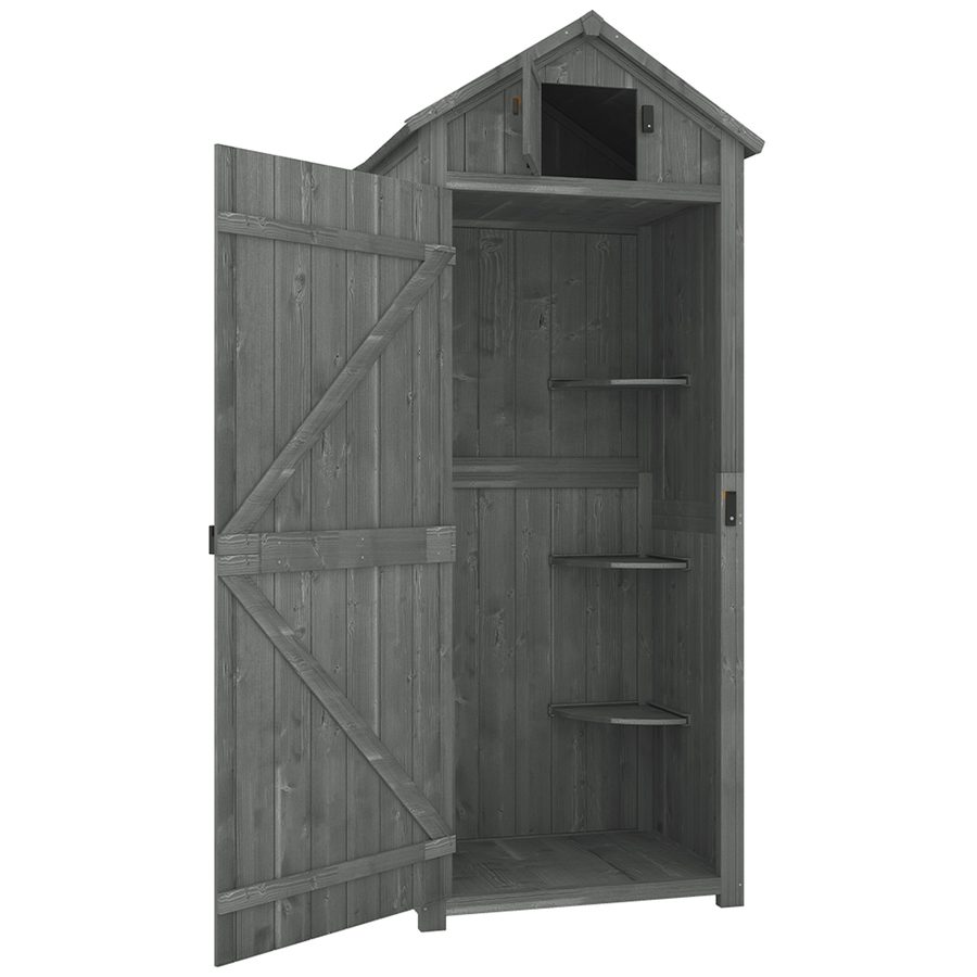 Outsunny Gartenschrank Holz gartenschrank wetterfest abnehmbare Eckregale Gekipptes Asphaltdach Verriegelte Türen 77x54,2x179cm Grau+Grün   Aosom.de von Outsunny