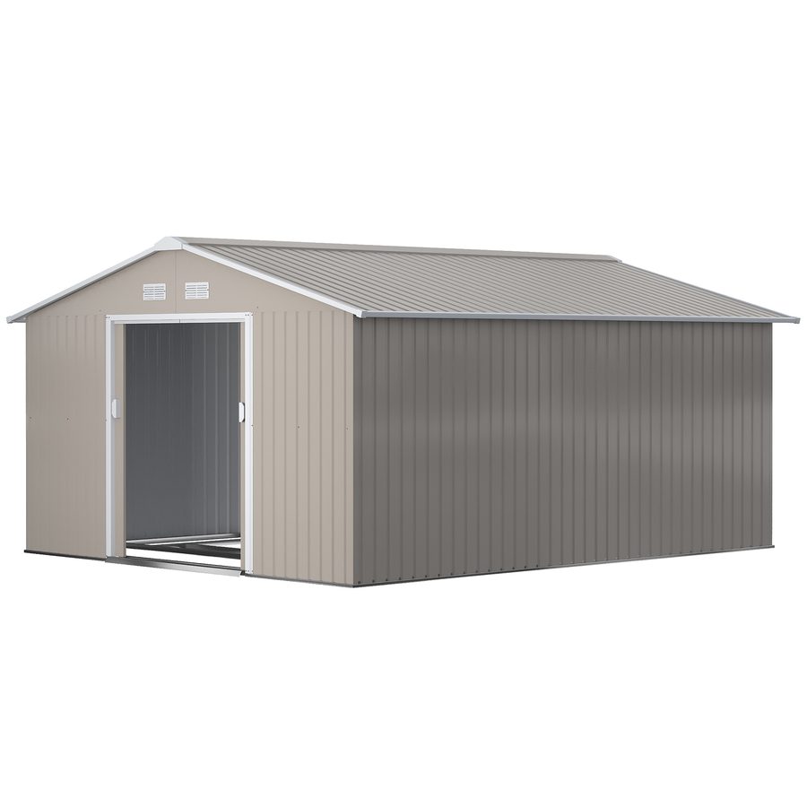 Outsunny Gerätehaus 12,4 m², Gartenhaus mit Pultdach, Schiebetür, Fundament, 340 x 386 x 200 cm, Geräteschuppen aus Verzinkter Stahl, wetterfest, für Garten, Kohlegrau   Aosom von Outsunny