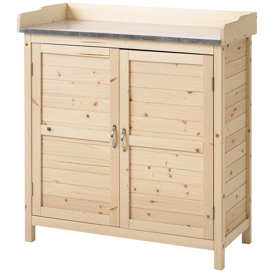 Outsunny Gartenschrank, Pflanztisch mit Unterschrank, Holz, Geräteschrank mit 2 Einlegeböden, Geräteschuppen, Garten Schuppen, Natur  Aosom von Outsunny