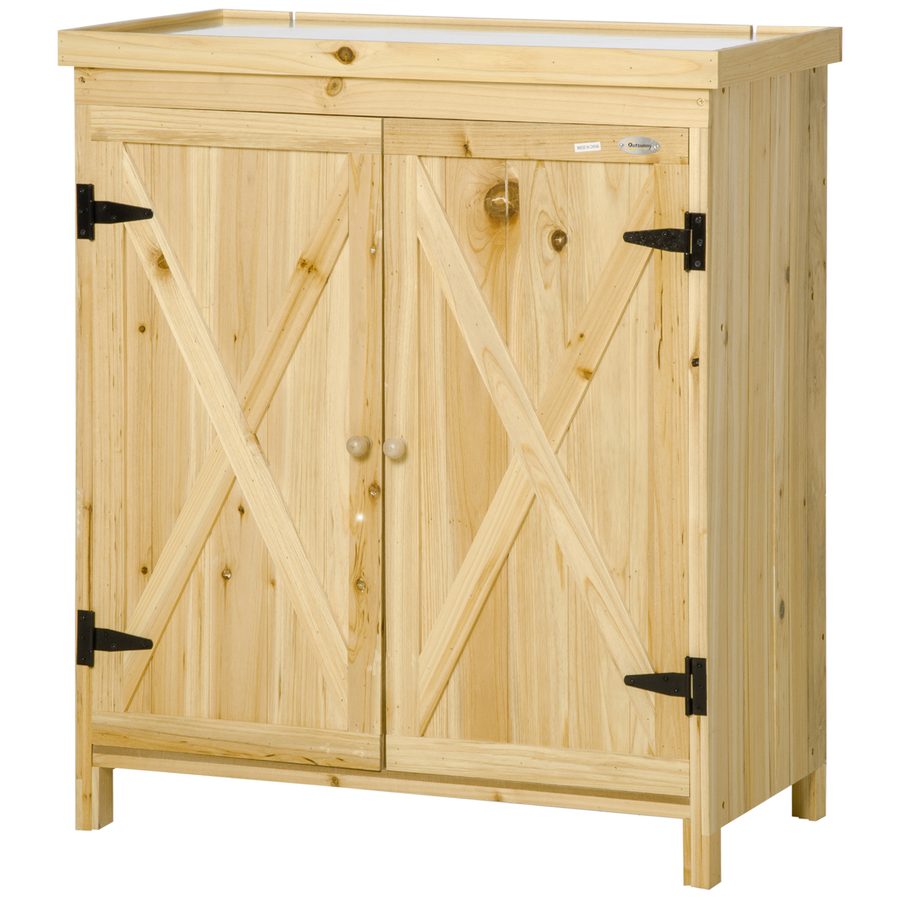 Outsunny Gartenschrank, Gartenaufbewahrungsschrank, mit verzinkter Metallplatte Doppeltüriger Schrank mit Griff und erhöhten Füßen aus massivem Holz 80 x 45 x 92 cm Naturholz   Aosom von Outsunny