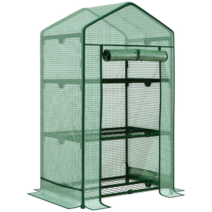 Outsunny Mini-Gewächshaus Anzuchtgewächshaus mit Folienabdeckung und 3 Regalböden, Rolltür, Gemüsebeet in Grün 69 x 49 x 125 cm für Gartenliebhaber   Aosom.de