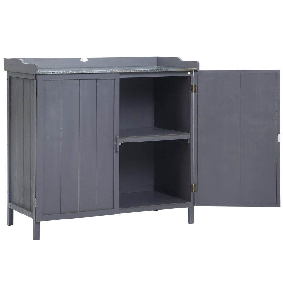 Outsunny Freistehender Gartenschrank-Pflanztisch-Kombination Doppeltür, Regal, verzinkte Metallplatte - grau   Aosom von Outsunny