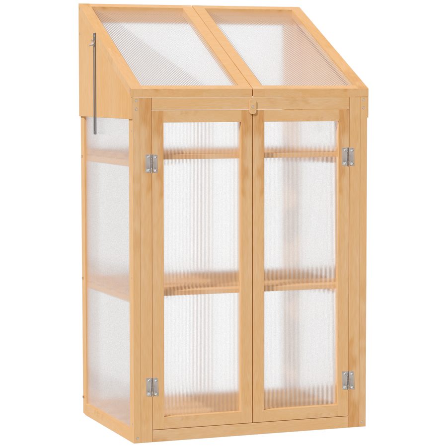 Outsunny Frühbeet aus Holz, Mini Gewächshaus 70 x 50 x 120 cm, Treibhaus mit Abdeckung, Fenster, Doppeltür, lichtdurchlässig Frühbeetkasten mit 3 Regale, winterfest Hochbeet für Garten, Balkon, Braun   Aosom von Outsunny