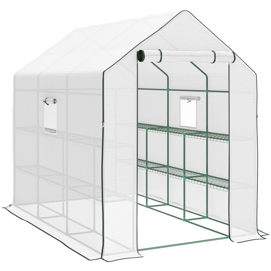 Outsunny Garten-Gewächshaus mit 3 Ebenen, Außen-Gewächshaus mit 12 Regalen, Rolltür, Fenster, UV-beständig, PE-Abdeckung 135 g/m² für Gemüse, Pflanzen, Blumen, 140x213x190 cm Weiß   Aosom von Outsunny