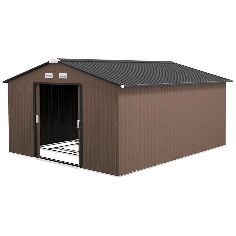Outsunny Gerätehaus 12,4 m², Gartenhaus mit Pultdach, Schiebetür, Fundament, 340 x 386 x 200 cm, Geräteschuppen aus Verzinkter Stahl, wetterfest, für Garten, Braun   Aosom von Outsunny