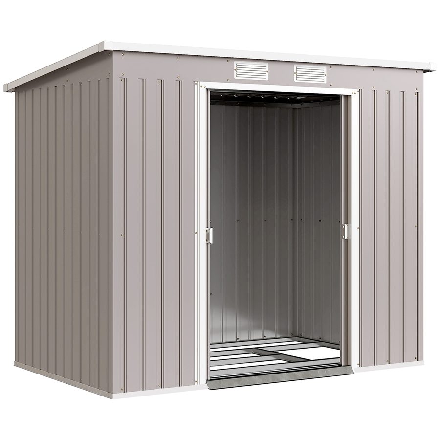 Outsunny Metall Gerätehaus 2,42 m², Geräteschuppen mit Pultdach Abschließbarer Doppelschiebetür Belüftung Bodenrahmen, 213 x 130 x 172 cm, wetterfest Outdoor Gartenhaus für Hinterhof Garten Hellgrau   Aosom von Outsunny