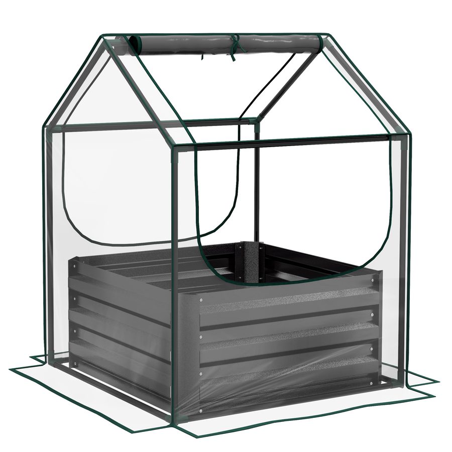 Outsunny Hochbeet mit Mini-Gewächshaus, erhöhtes Pflanzbeet, Blumenkasten aus verzinktem Stahl, für Kräuter und Gemüse im Garten, Balkon, Terrasse, dunkelgrau   Aosom von Outsunny
