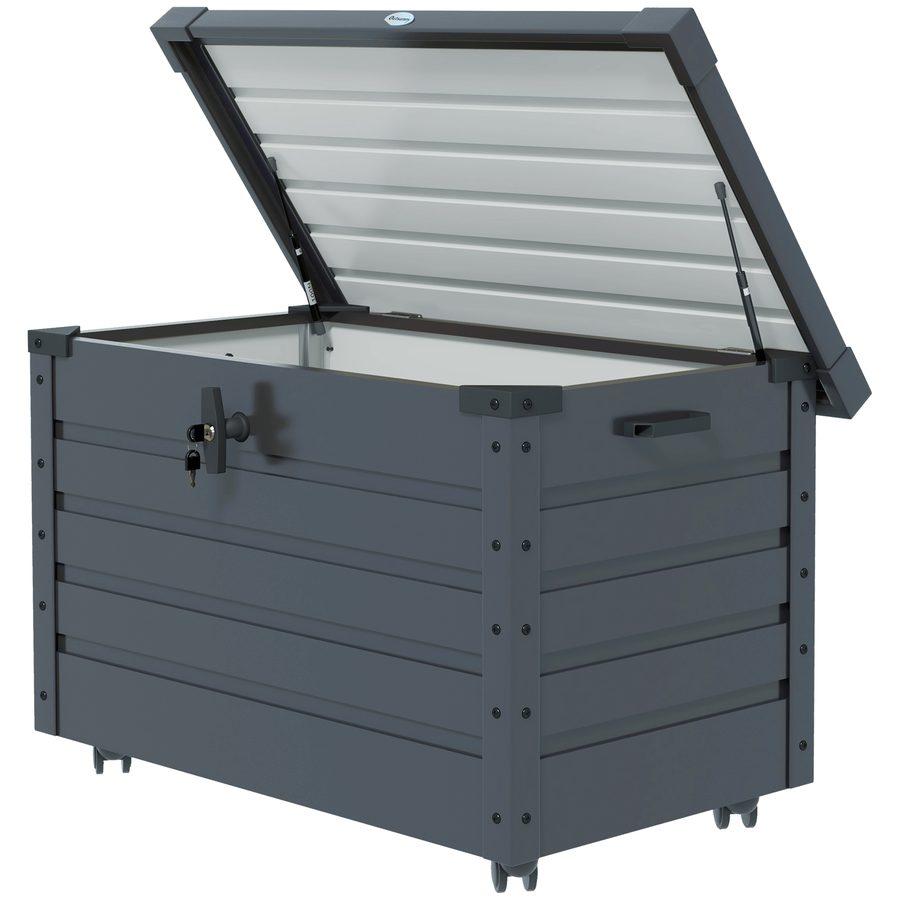 Outsunny Gartenbox, Aufbewahrungsbox mit Rollen, Aufbewahrungskiste mit Schloss, Griff, Gartentruhe für Balkon, Terrasse 100 x 62 x 65 cm, Dunkelgrau   Aosom von Outsunny