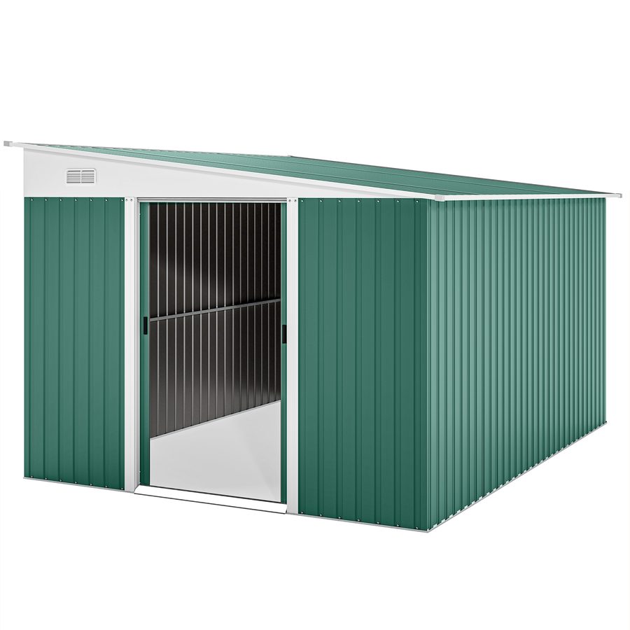 Outsunny Metall Gerätehaus 8,9m² 280x345x201cm Geräteschuppen mit Pultdach Schiebetür wetterfest Gartenhaus Outdoor Schrank Schuppen für Hinterhof Außenbereich Garten, Grün   Aosom von Outsunny