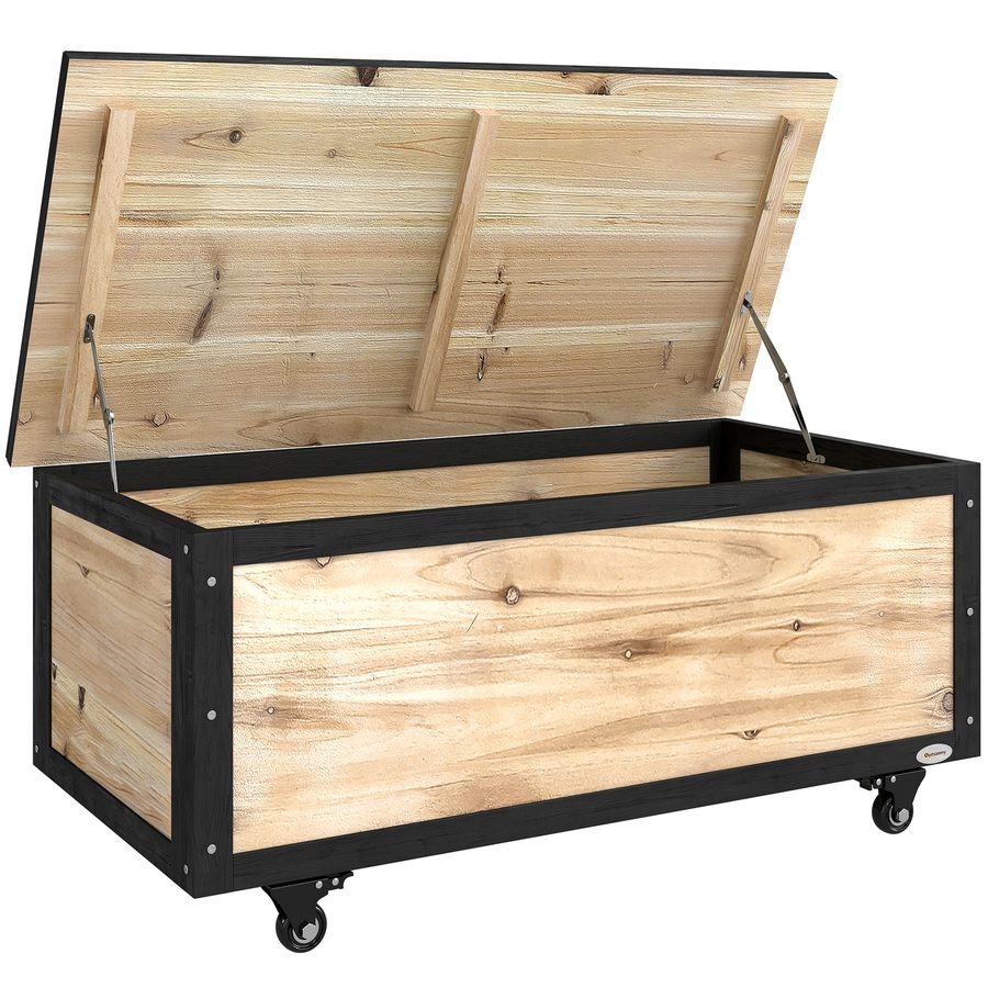 Outsunny Gartenbox Holz Auflagenbox 121L Aufbewahrungsbox mit Rollen, Wetterbeständige Aufbewahrungskiste für Balkon, Terrasse, Natur   Aosom von Outsunny