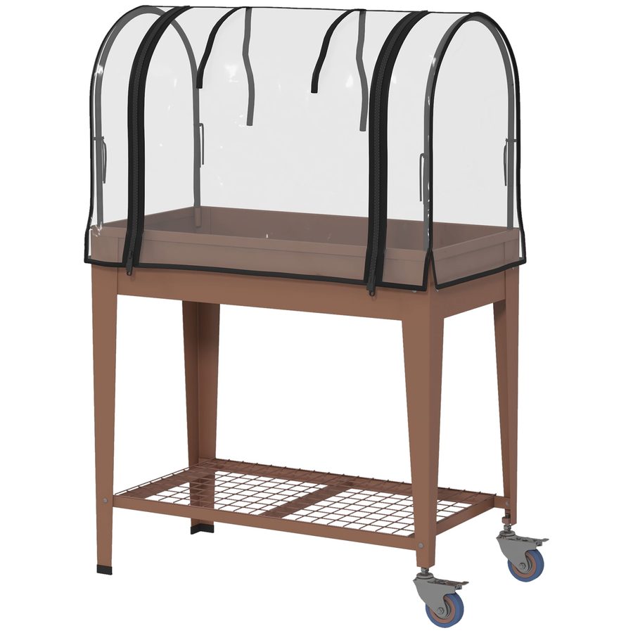 Outsunny Erhöhtes Blumenbeet mit Mini-Gewächshaus für Pflanzen und Räder, Urbanes Blumenbeet mit Abdeckung und Regal, 80x40x120cm, Braun   Aosom von Outsunny