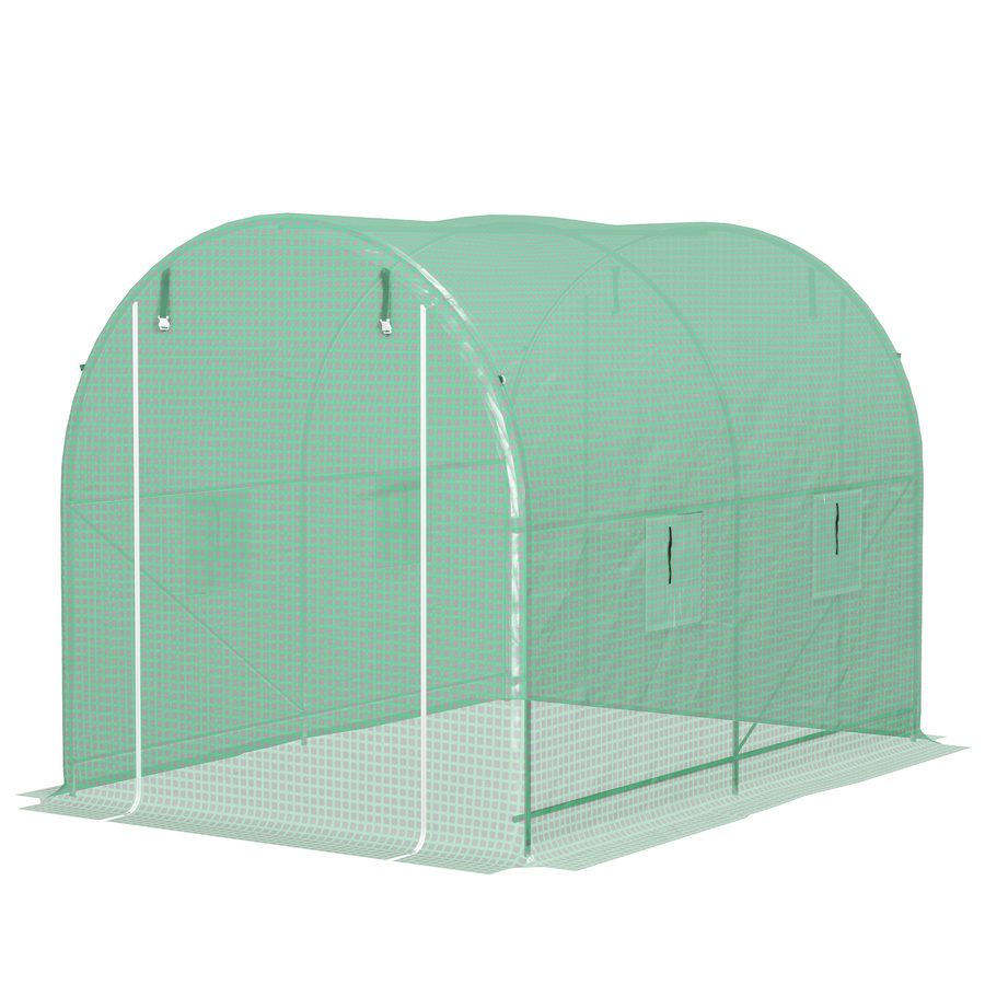 Outsunny Gewächshaus Tunnel Bodenfläche 6 m² 3L x 2B x 2,10H m Verstärktes Metallrohrgestell Doppelte Reißverschlusstür 4 aufrollbare Fenster Grün   Aosom von Outsunny