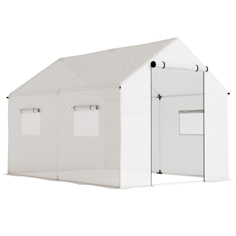 Outsunny Gewächshaus 3 x 2 x 2 m Foliengewächshaus mit Breiter Rollbar Reißverschlusstür, Moskitonetz, Spitzdach 4 Fenster, UV-beständiger Folientunnel, Winterfest Tomatenhaus mit Erdanker, Weiß   Aosom von Outsunny